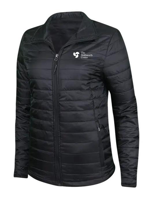Womens Black Puffy Packable Jacket w/Holdsworth Center Logo