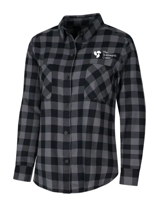 Womens Medium Grey/Black Buffalo Check Plaid Flannel Shirt w/Holdsworth Center Logo