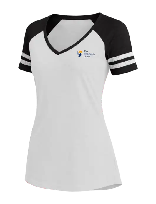 Womens White/Black V-Neck Game Tee w/Holdsworth Center Logo