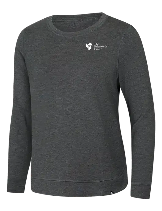TravisMathew Womens Dark Grey Heather Lightweight Long Weekend Crew w/Holdsworth Center Logo