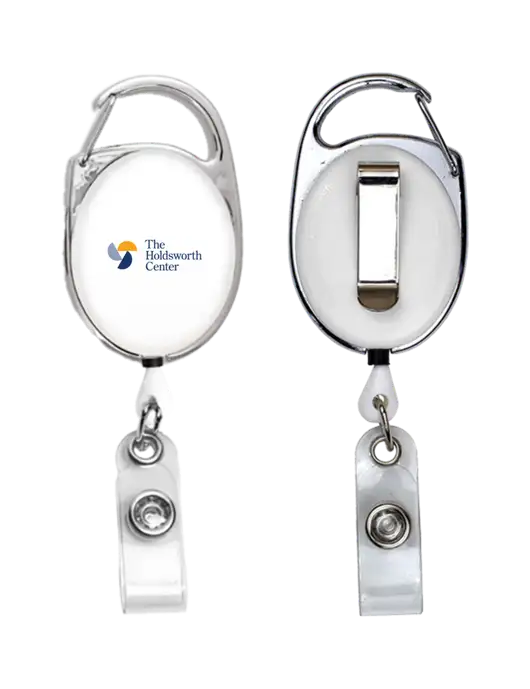 White Carabiner Style Badge Reel and Badge Holder w/Holdsworth Center Logo