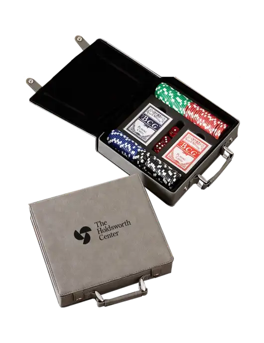 Grey Leatherette 100 Chip Poker Set w/Holdsworth Center Logo