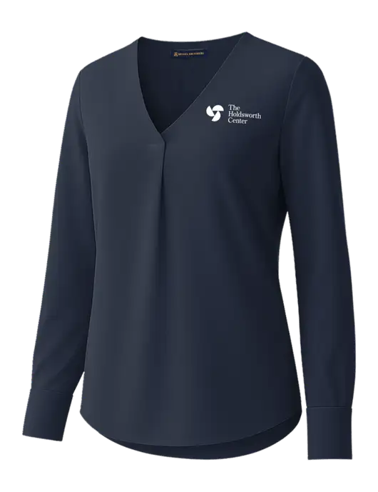 Brooks Brothers Womens Dark Navy Open-Neck Satin Blouse  w/Holdsworth Center Logo
