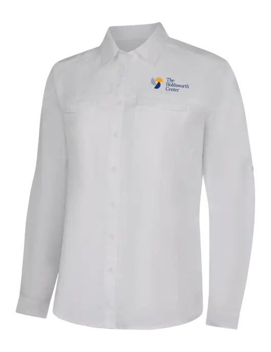 Womens White Long Sleeve UV Daybreak Shirt w/Holdsworth Center Logo