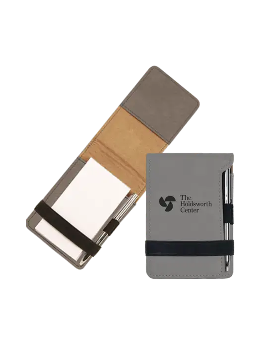 Grey Leatherette Mini Notepad with Pen,  3.25 x 4.75 w/Holdsworth Center Logo