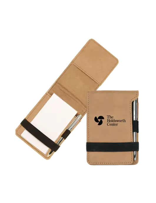 Tan Leatherette Mini Notepad with Pen,  3.25 x 4.75 w/Holdsworth Center Logo